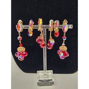 VINTAGE LEWIS SEGAL RED & GOLD EARRING BUNDLE SET OF 3 WOMEN JEWELRY DANGLE BEAD